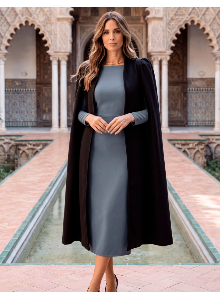 Black wool cloak with puffed sleeves