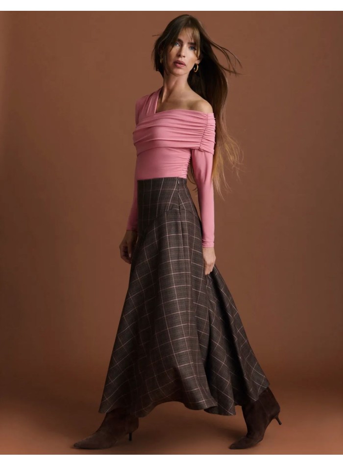Jupe à carreaux marron et rose, taille haute,...