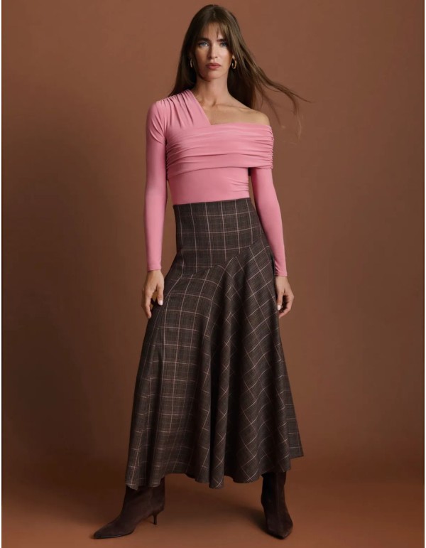 Falda de cuadros marrón y rosa de talle alto con capa al bies