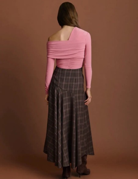 High-waisted brown and pink plaid skirt with a bias-cut panel