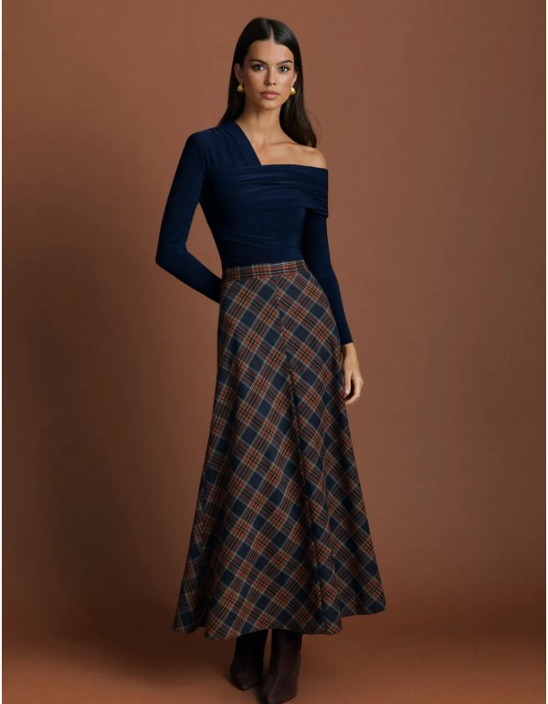 Navy blue silk-knit top with an asymmetrical neckline and draping 2