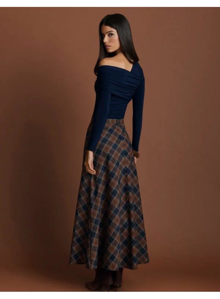 High-waisted, flared blue plaid midi skirt