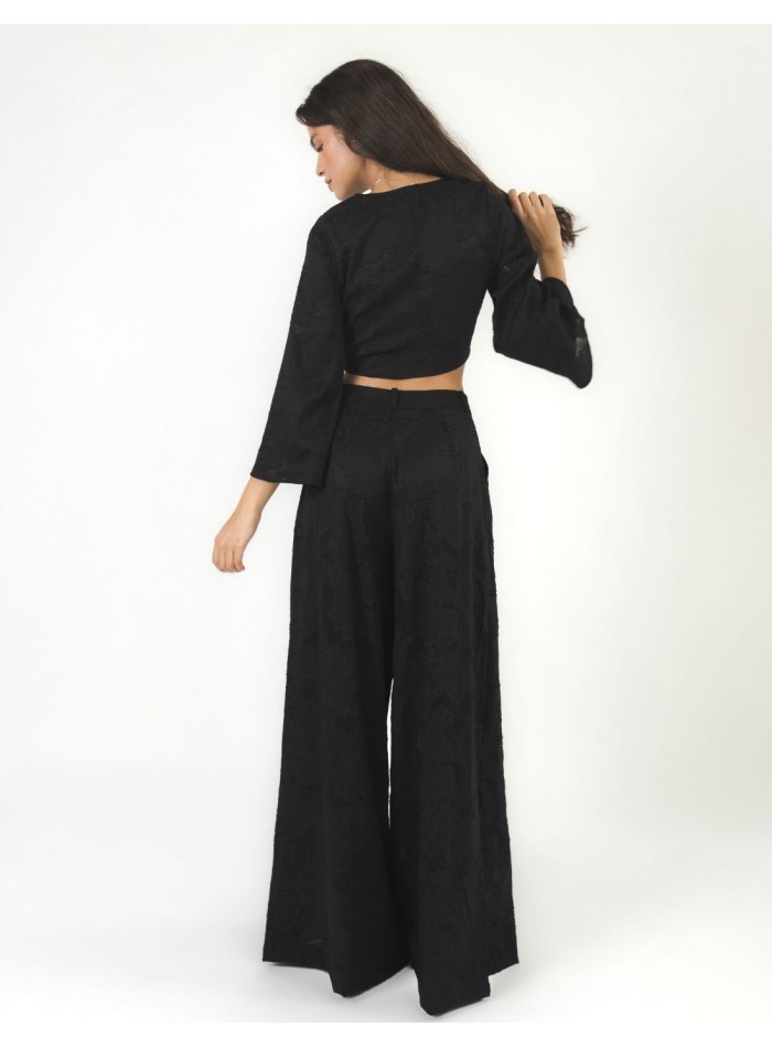 Pantalones palazzo de talle alto con brocado semitransparente para invitada