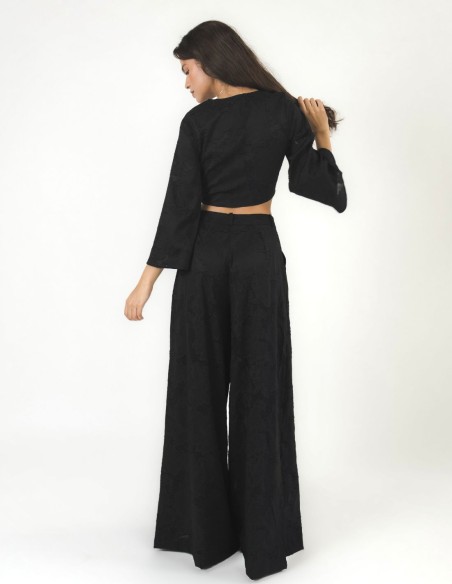 Pantalones palazzo de talle alto con brocado semitransparente para invitada