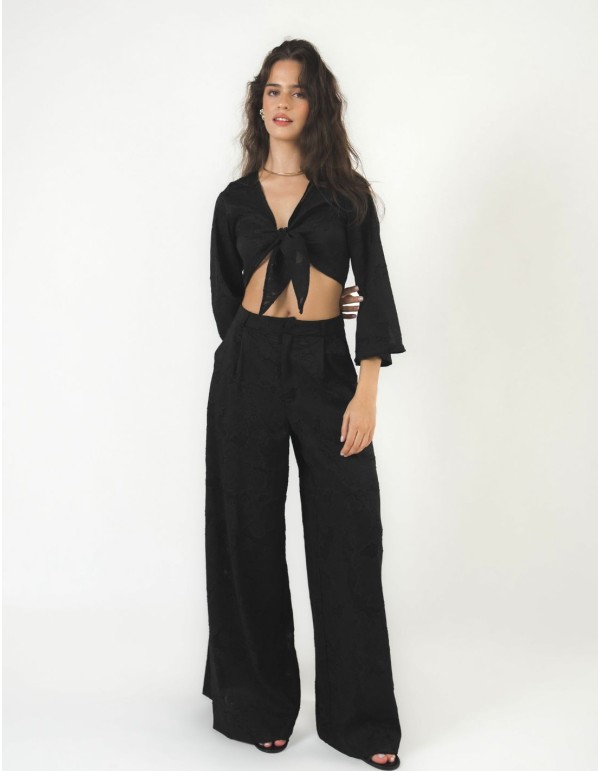 High-waisted palazzo pants with semi-sheer brocade