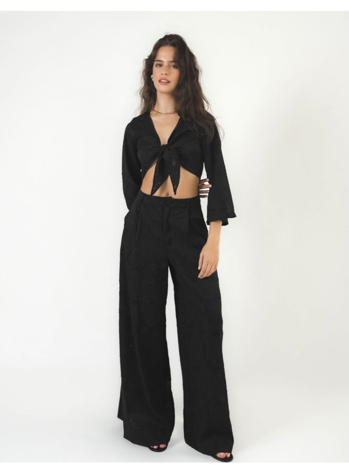 Pantalon palazzo taille haute en brocart...