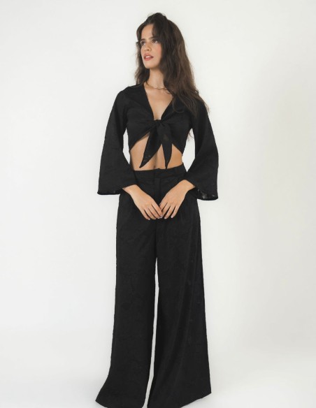 Pantalon palazzo taille haute en brocart semi-transparent