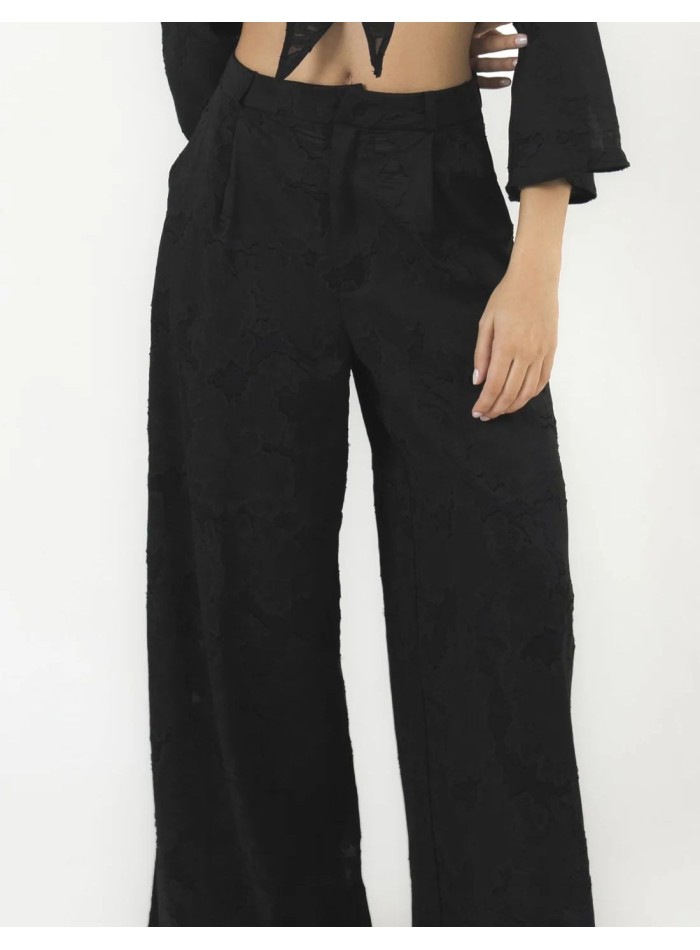 High-waisted palazzo pants with semi-sheer brocade