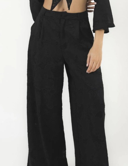 High-waisted palazzo pants with semi-sheer brocade