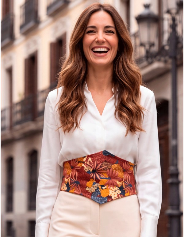 Ceinture large grenat et bleu marine en coton, à motifs animaliers et végétaux