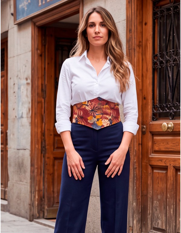 Wide maroon and navy blue sash with an animal and plant print, made of cotton 2