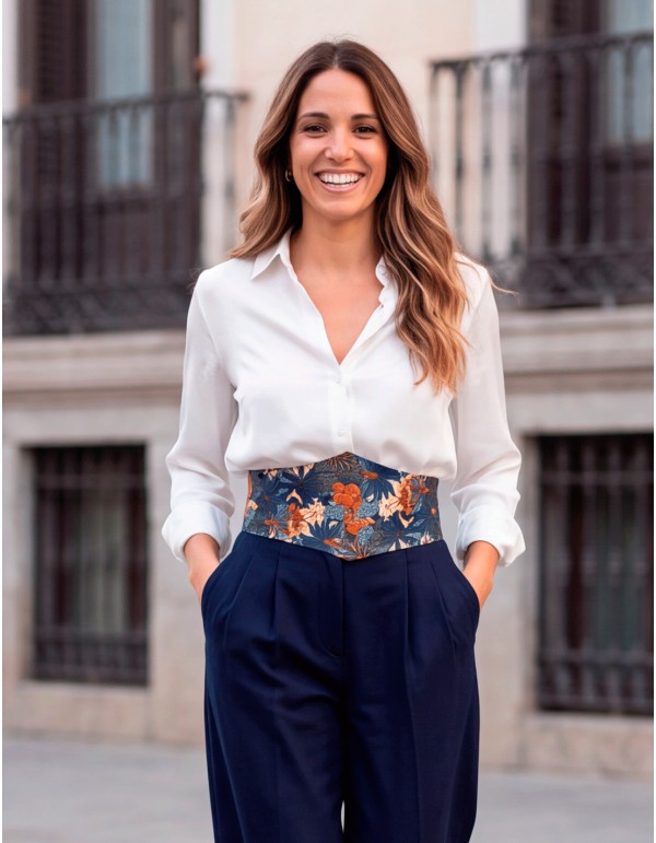 Wide blue sash with a tropical floral and animal print, made of cotton