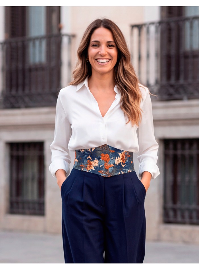 Wide blue sash with a tropical floral and animal print, made of cotton