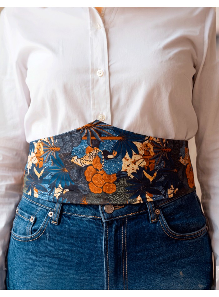Wide blue cotton sash with a tropical floral and animal print for dresses and jeans
