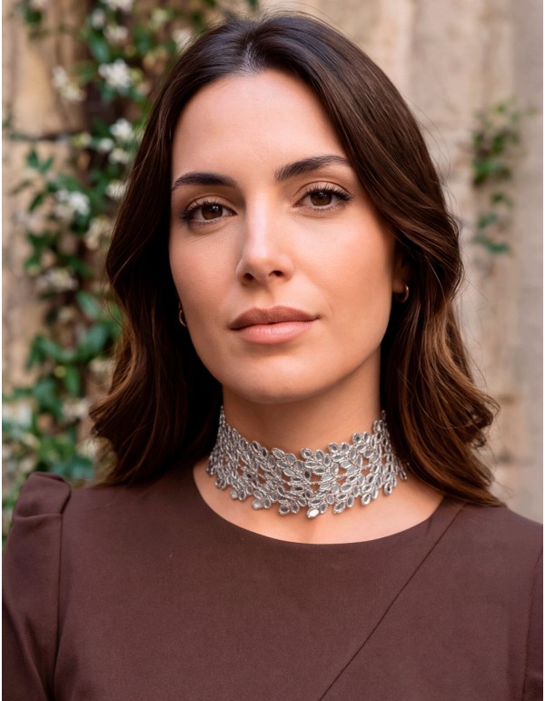 Handcrafted silver choker necklace with small mirrors and leaves, adjustable