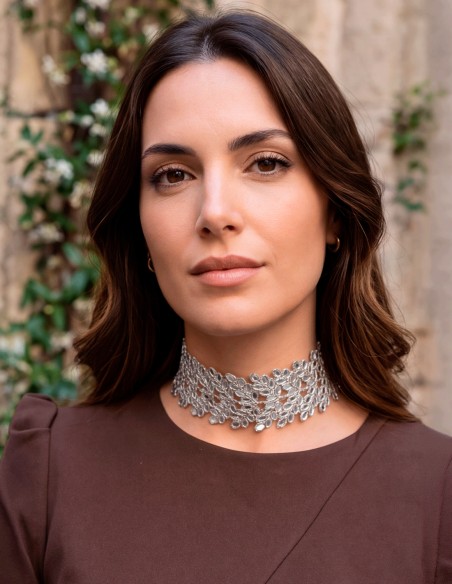 Handcrafted silver choker necklace with small mirrors and leaves, adjustable