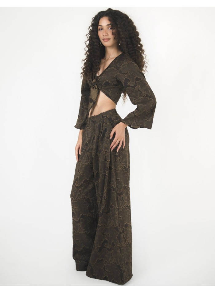 High-waisted palazzo pants with brown brocade