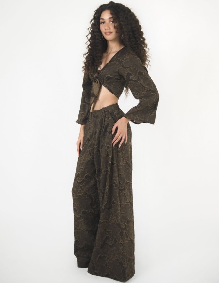 Pantalon palazzo taille haute en brocart marron