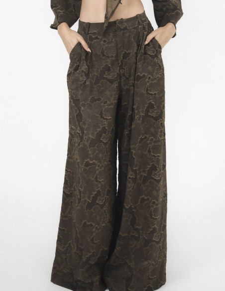 Pantalon palazzo taille haute en brocart marron