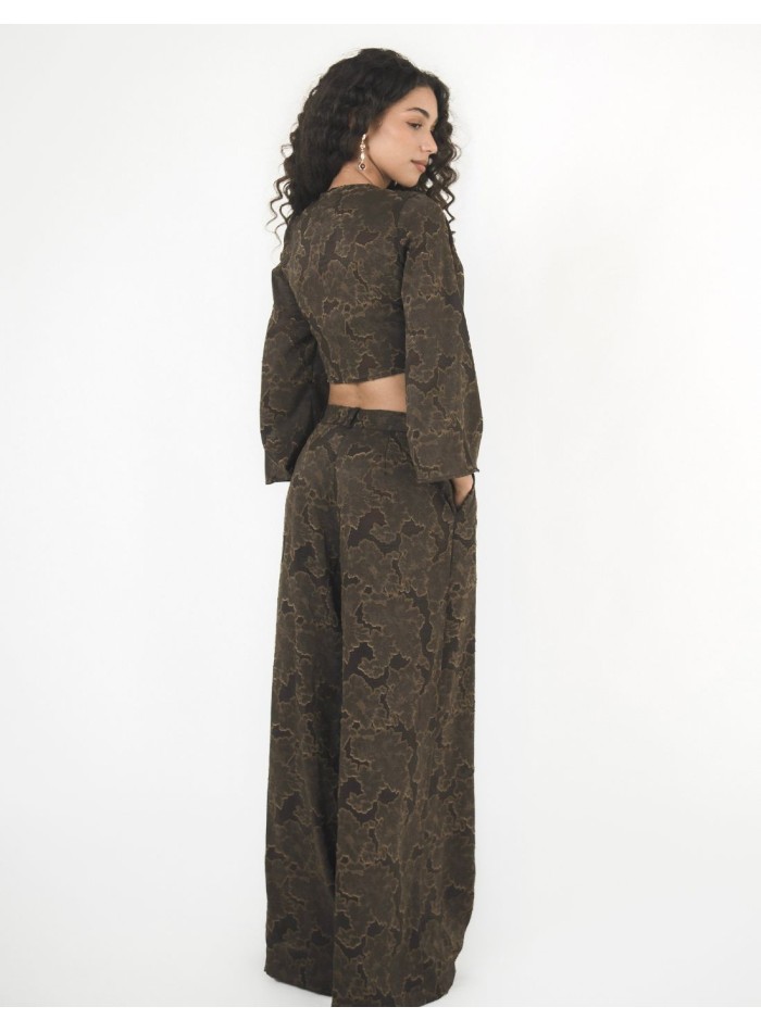 High-waisted palazzo pants with brown brocade