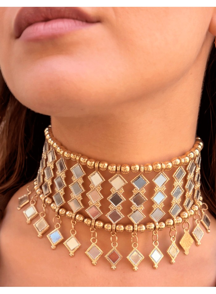 Semi-rigid gold brass choker with crystals, diamond shapes, and pendants for wedding guests