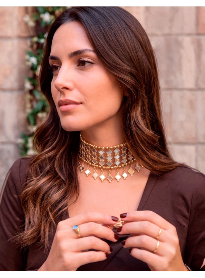 semi-rigid gold-tone brass choker with mirror-effect crystals