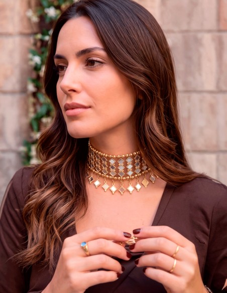 semi-rigid gold-tone brass choker with mirror-effect crystals