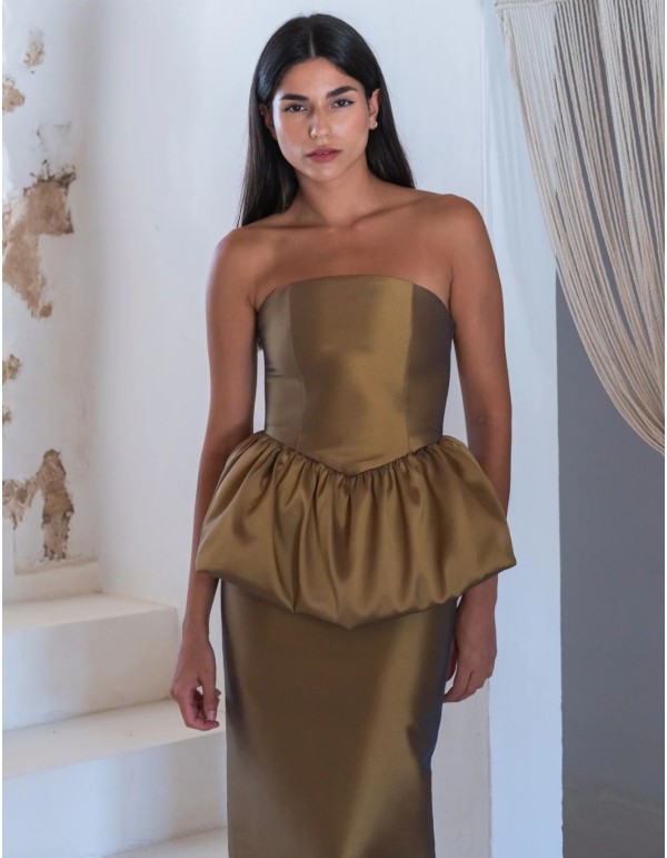 Strapless top and oil-green pencil skirt set 2