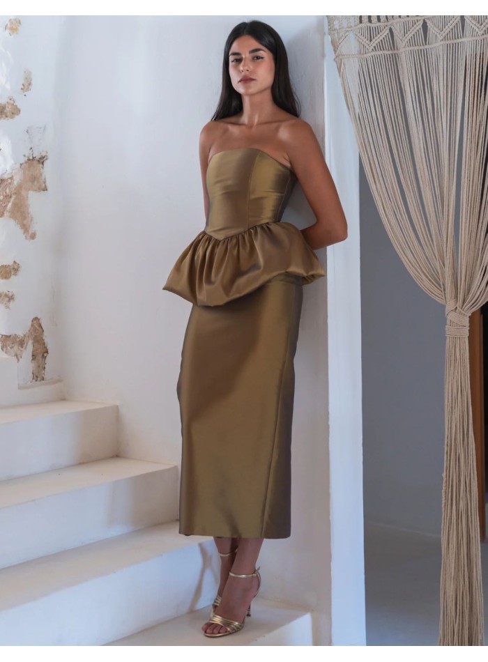 Strapless top and oil-green pencil skirt set
