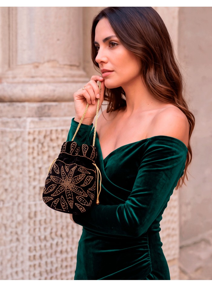 Black velvet candy bag with hand-embroidered gold beads