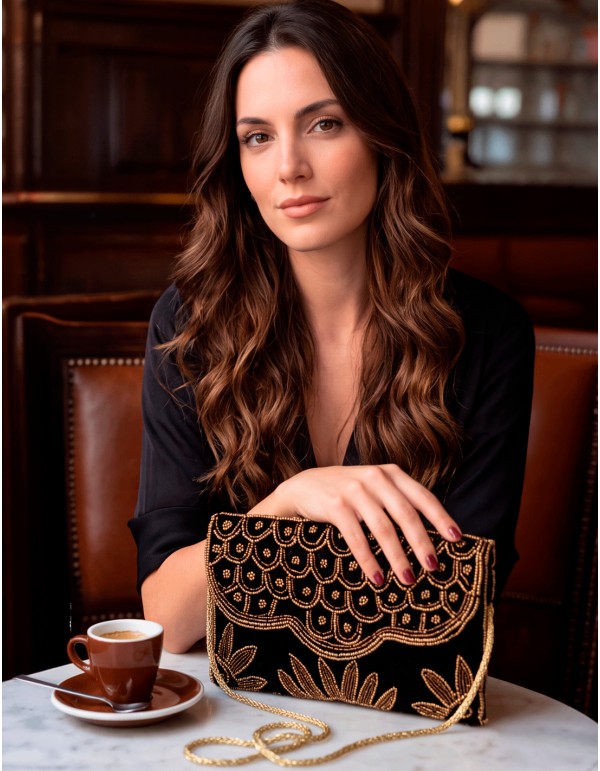 Black velvet party clutch with hand-sewn gold beads