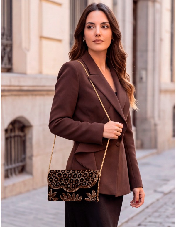Pochette de soirée en velours noir ornée de perles dorées cousues à la main 2