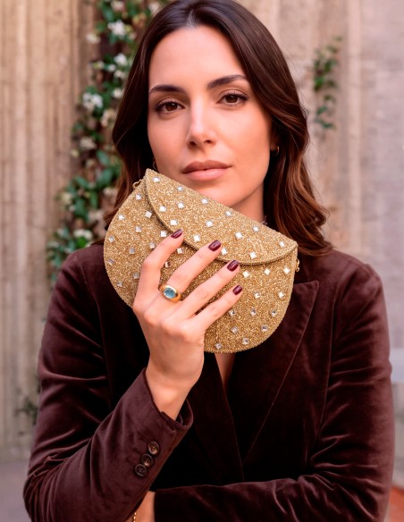 Bolso de fiesta rígido dorado con pedrería y cristales de espejo