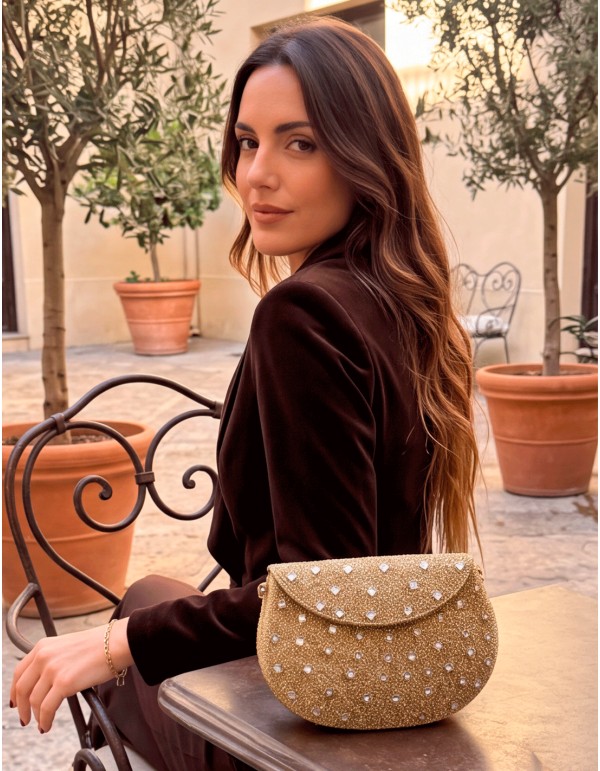 Sac de soirée rigide doré, orné de strass et de cristaux miroirs 2