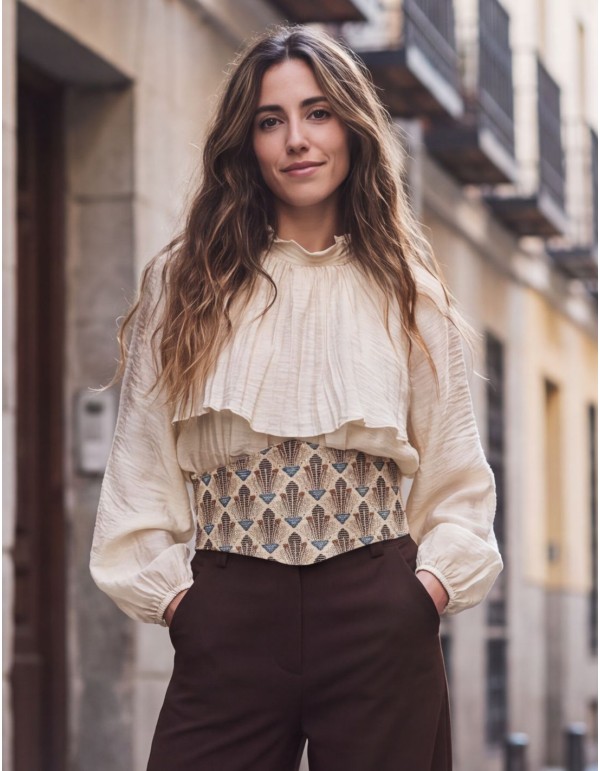 Wide beige sash with a geometric pattern in shades of... 2