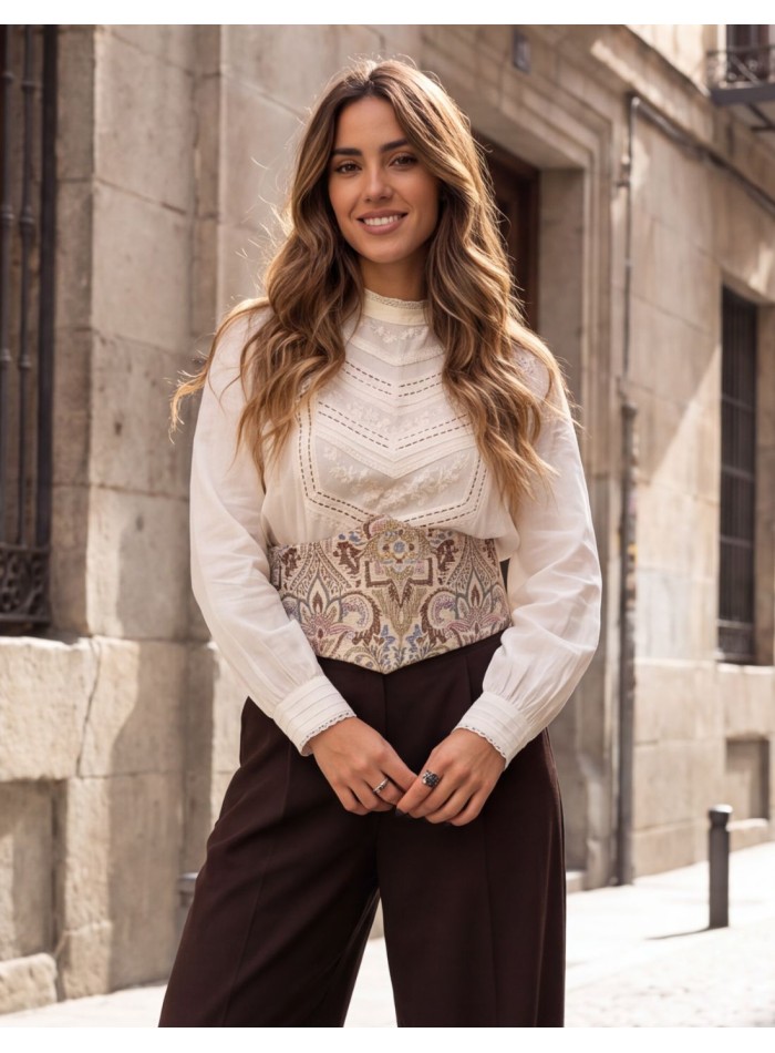 Beige casual waist sash styled with an outfit.
