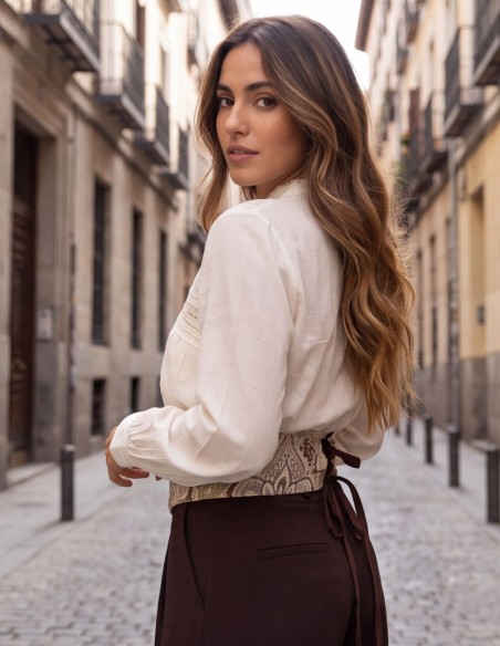 Beige cotton sash with a geometric print