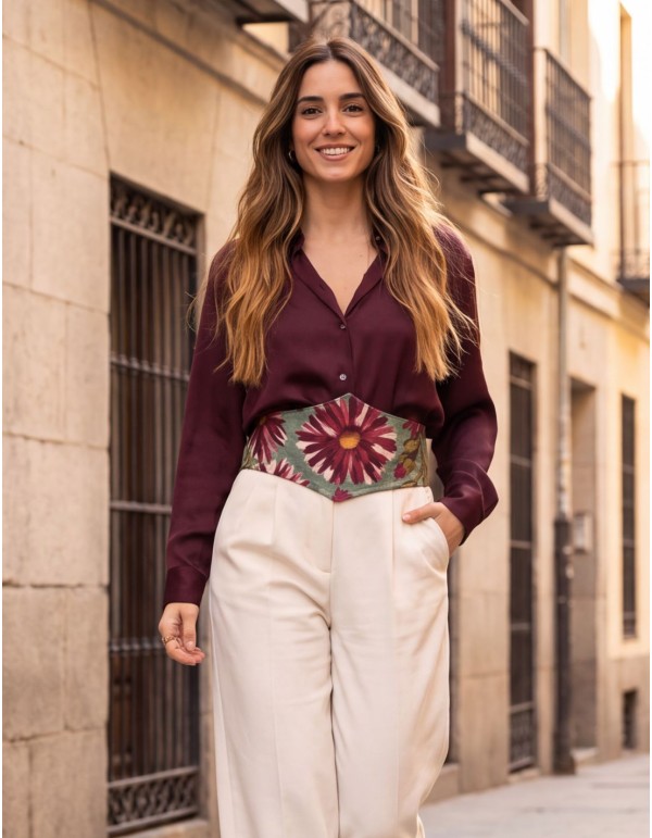 Wide aqua-green sash with a maroon floral print