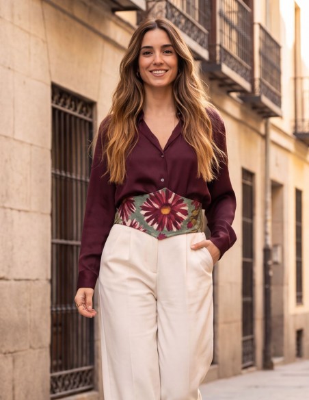 Wide aqua-green sash with a maroon floral print