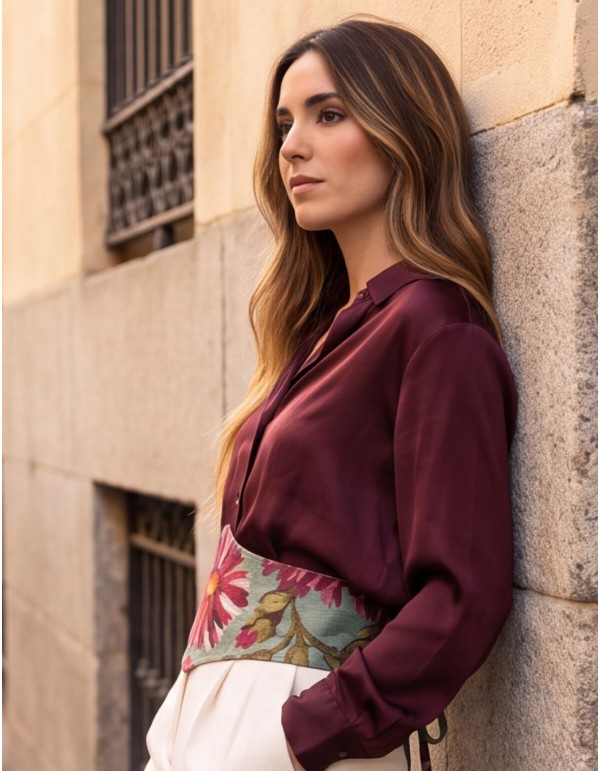 Wide aqua-green sash with a maroon floral print 2