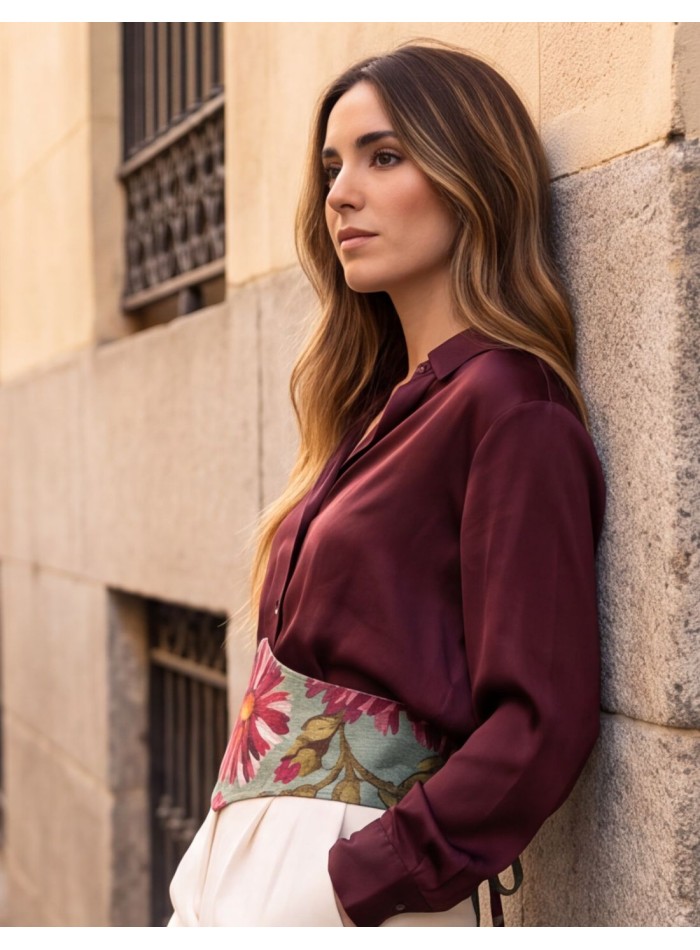 Wide aqua-green sash with a maroon floral print