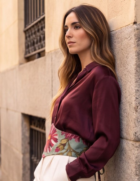 Wide aqua-green sash with a maroon floral print