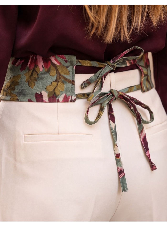 Wide aqua-green sash with a maroon floral print
