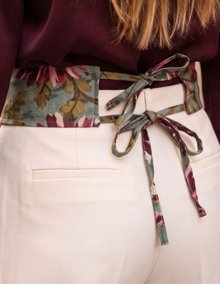 Wide aqua-green sash with a maroon floral print