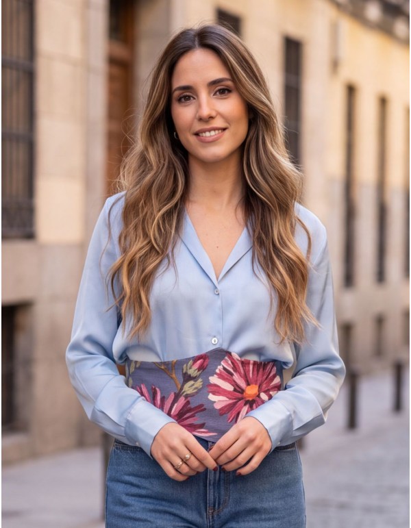 Wide blue sash with a fuchsia floral print