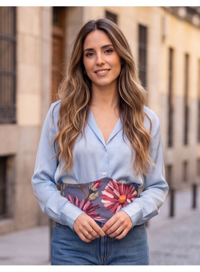 Wide blue sash with a fuchsia floral print