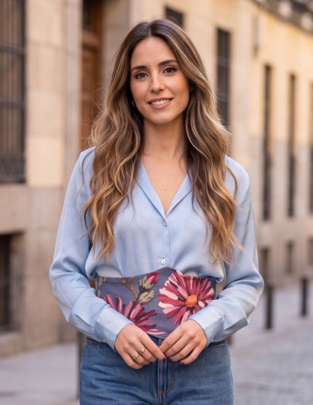 Wide blue sash with a fuchsia floral print