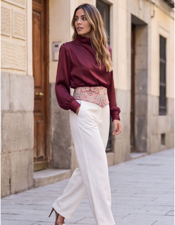 Close-up of the burgundy and blue print on the wide beige waist sash. 2