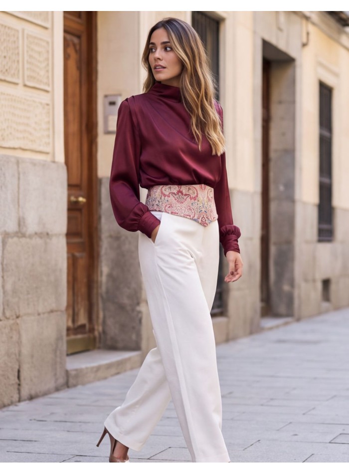 Wide beige cotton waist sash with a burgundy and blue print.