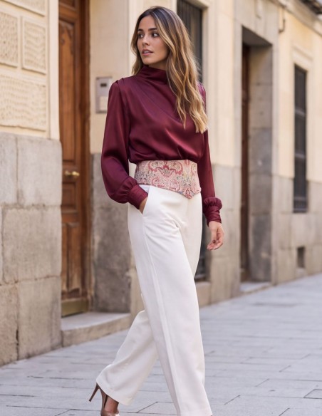 Wide beige cotton waist sash with a burgundy and blue print.
